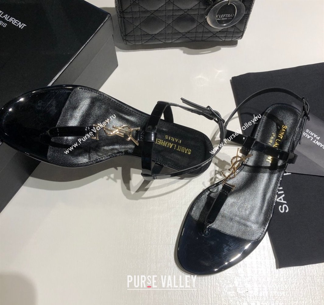 Saint Laurent Cassandra Flat Thong Sandals in Patent Leather Black/Gold 2025 0424 (MD-250424001)