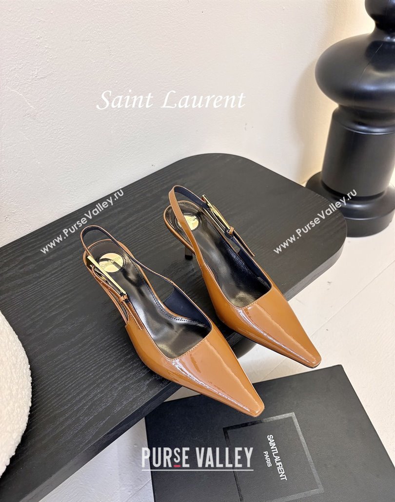 Saint Laurent Lee Slingback Pumps 6.5cm with Buckle in Patent Leather Brown 2025 799704 (MD-250424075)