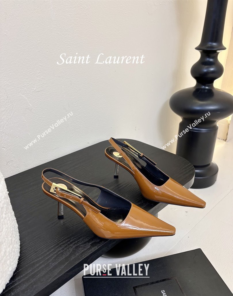 Saint Laurent Lee Slingback Pumps 6.5cm with Buckle in Patent Leather Brown 2025 799704 (MD-250424075)