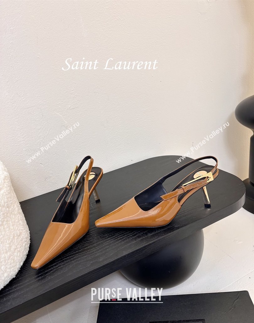 Saint Laurent Lee Slingback Pumps 6.5cm with Buckle in Patent Leather Brown 2025 799704 (MD-250424075)