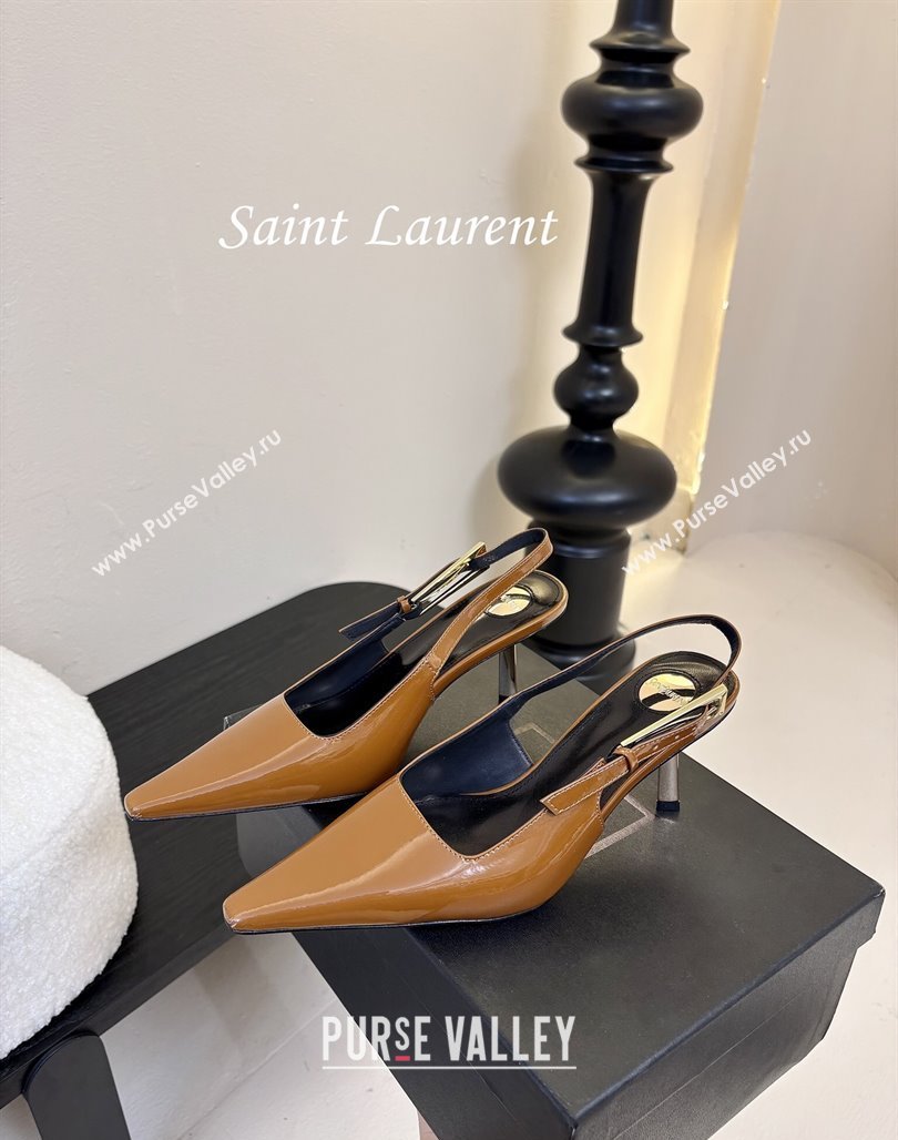 Saint Laurent Lee Slingback Pumps 6.5cm with Buckle in Patent Leather Brown 2025 799704 (MD-250424075)