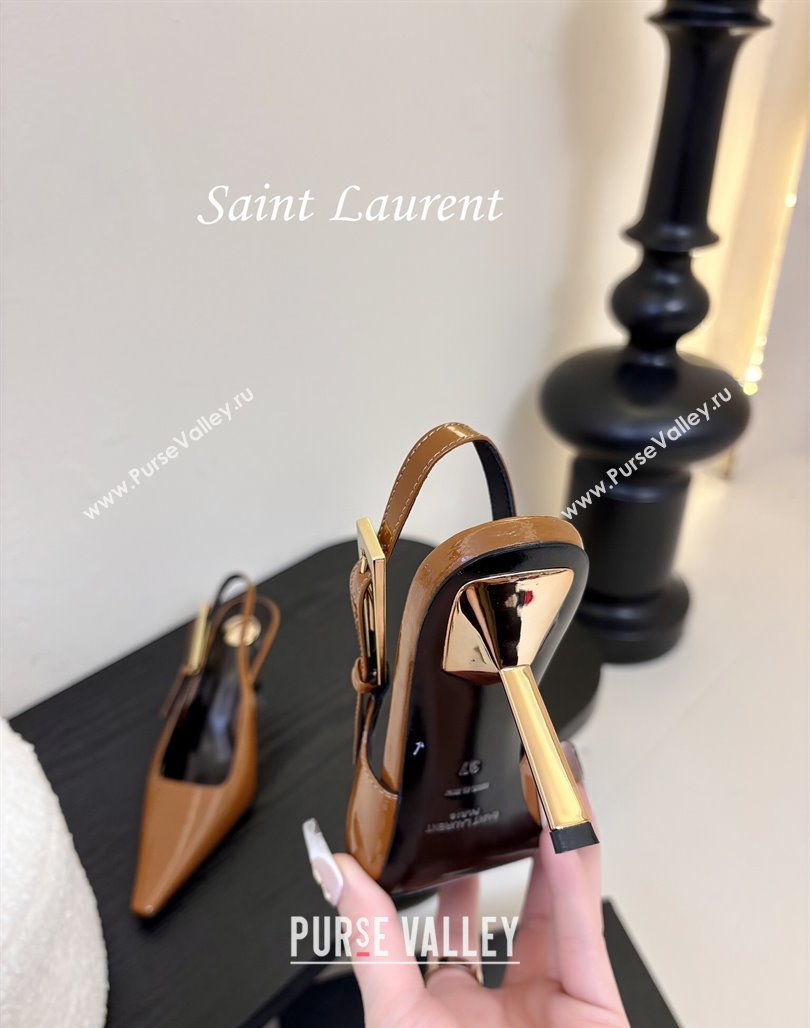 Saint Laurent Lee Slingback Pumps 6.5cm with Buckle in Patent Leather Brown 2025 799704 (MD-250424075)