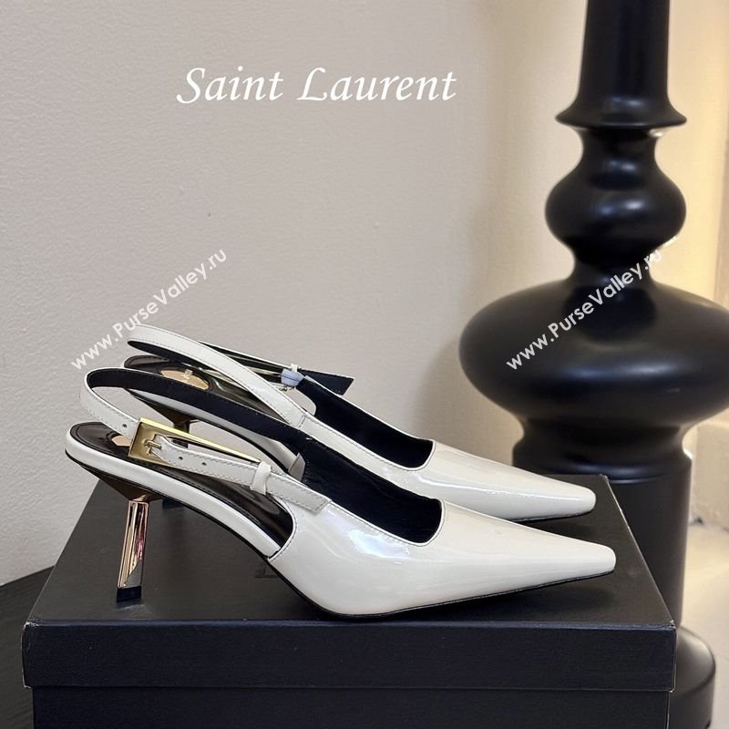 Saint Laurent Lee Slingback Pumps 6.5cm with Buckle in Patent Leather White 2025 799704 (MD-250424076)