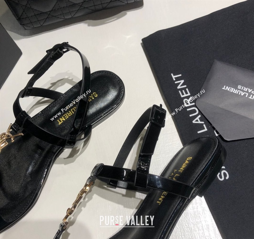 Saint Laurent Cassandra Flat Thong Sandals in Patent Leather Black/Gold 2025 0424 (MD-250424001)