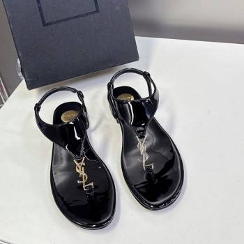 Saint Laurent Cassandre Flat Thong Sandals in Patent Leather Black 2025 818293 (MD-250424042)