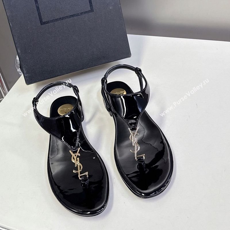 Saint Laurent Cassandre Flat Thong Sandals in Patent Leather Black 2025 818293 (MD-250424042)