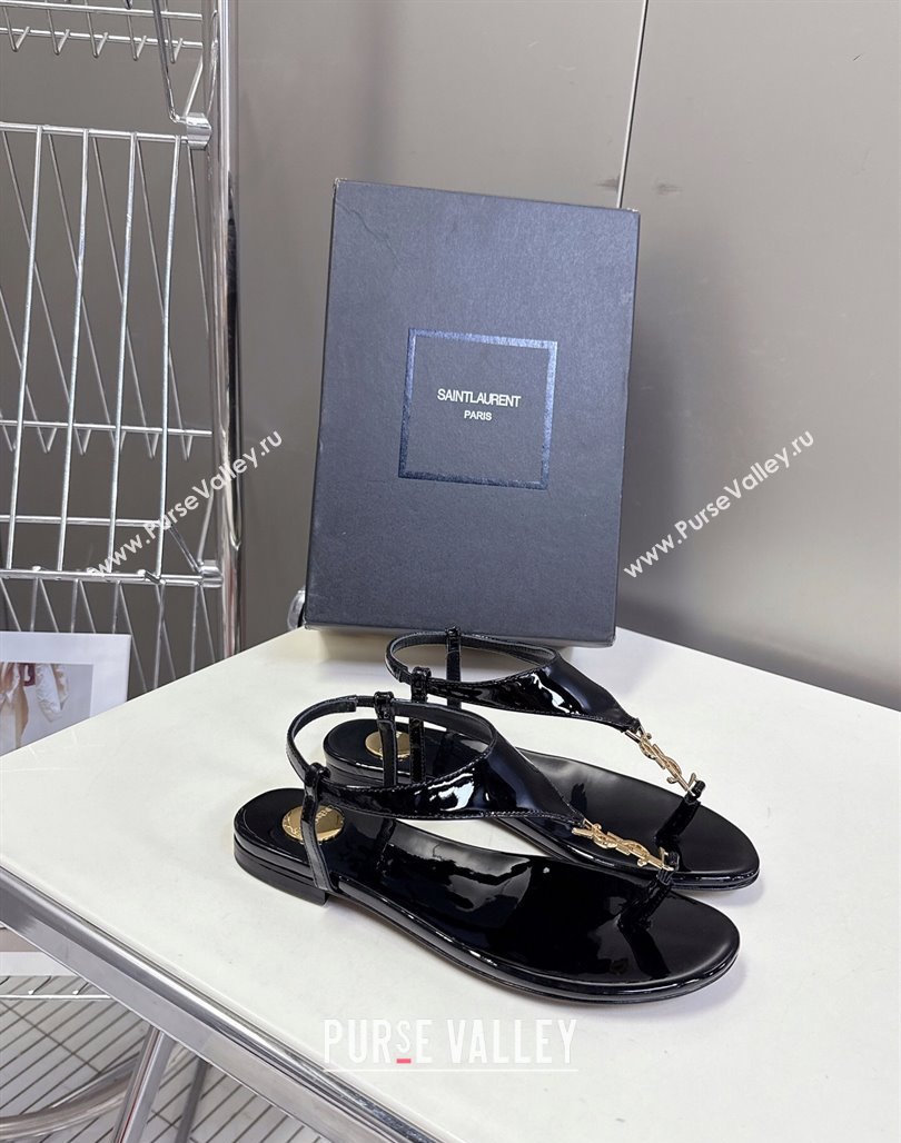 Saint Laurent Cassandre Flat Thong Sandals in Patent Leather Black 2025 818293 (MD-250424042)