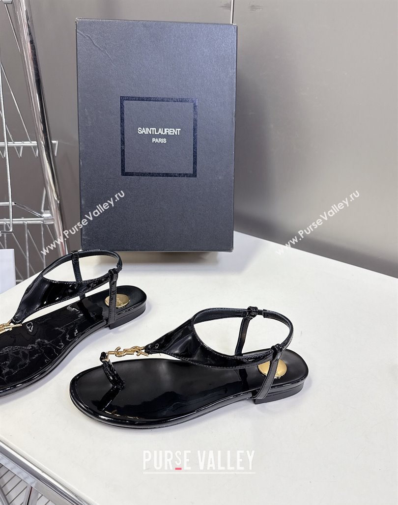 Saint Laurent Cassandre Flat Thong Sandals in Patent Leather Black 2025 818293 (MD-250424042)