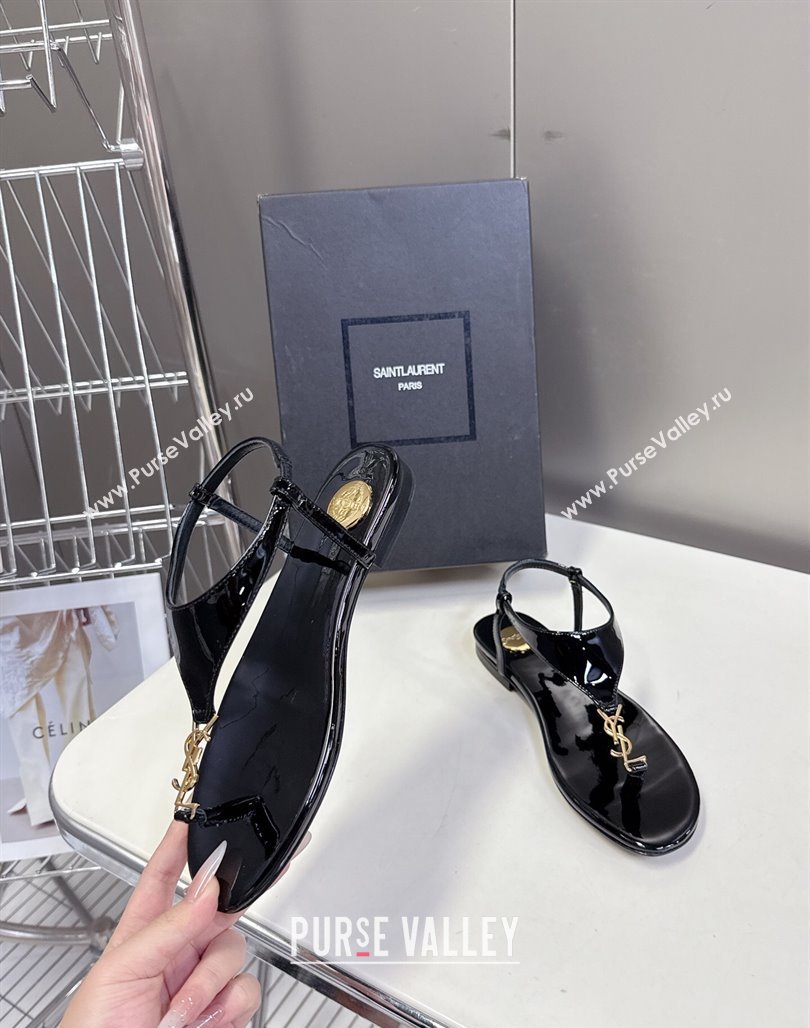 Saint Laurent Cassandre Flat Thong Sandals in Patent Leather Black 2025 818293 (MD-250424042)