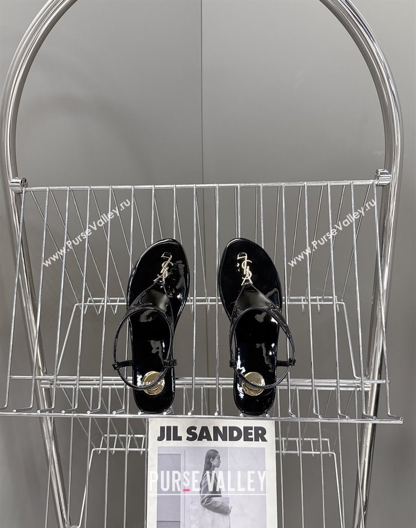 Saint Laurent Cassandre Flat Thong Sandals in Patent Leather Black 2025 818293 (MD-250424042)