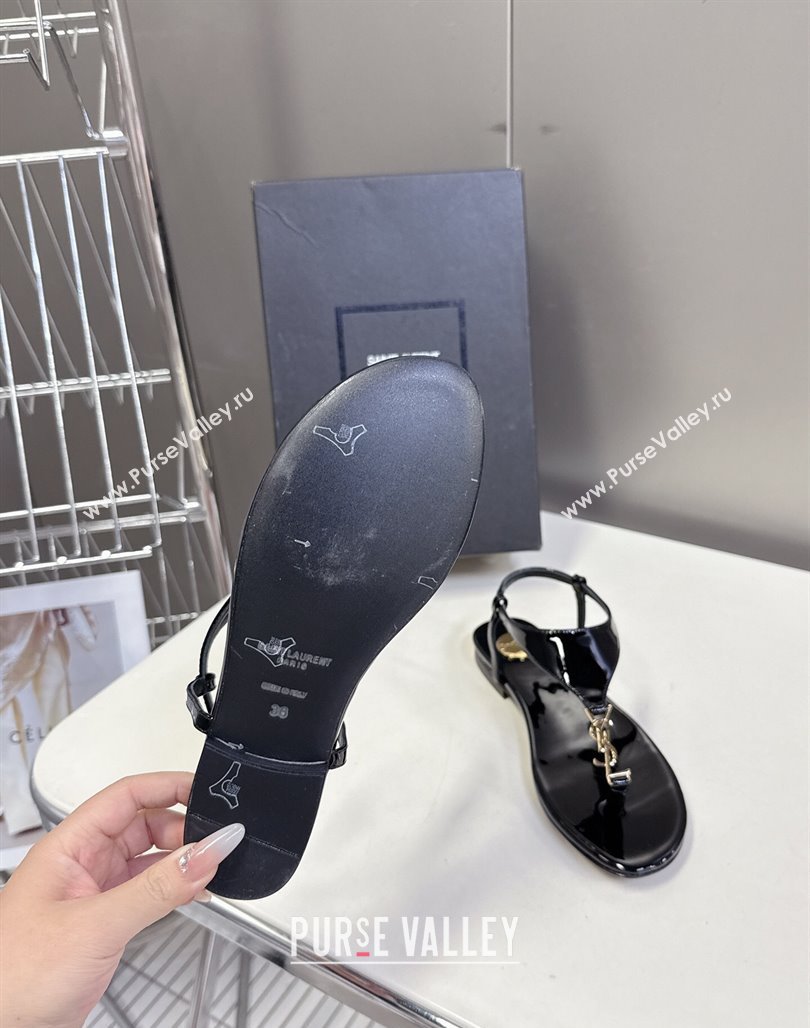 Saint Laurent Cassandre Flat Thong Sandals in Patent Leather Black 2025 818293 (MD-250424042)