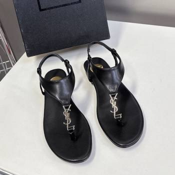 Saint Laurent Cassandre Flat Thong Sandals in Smooth Leather Black 2025 818293 (MD-250424044)