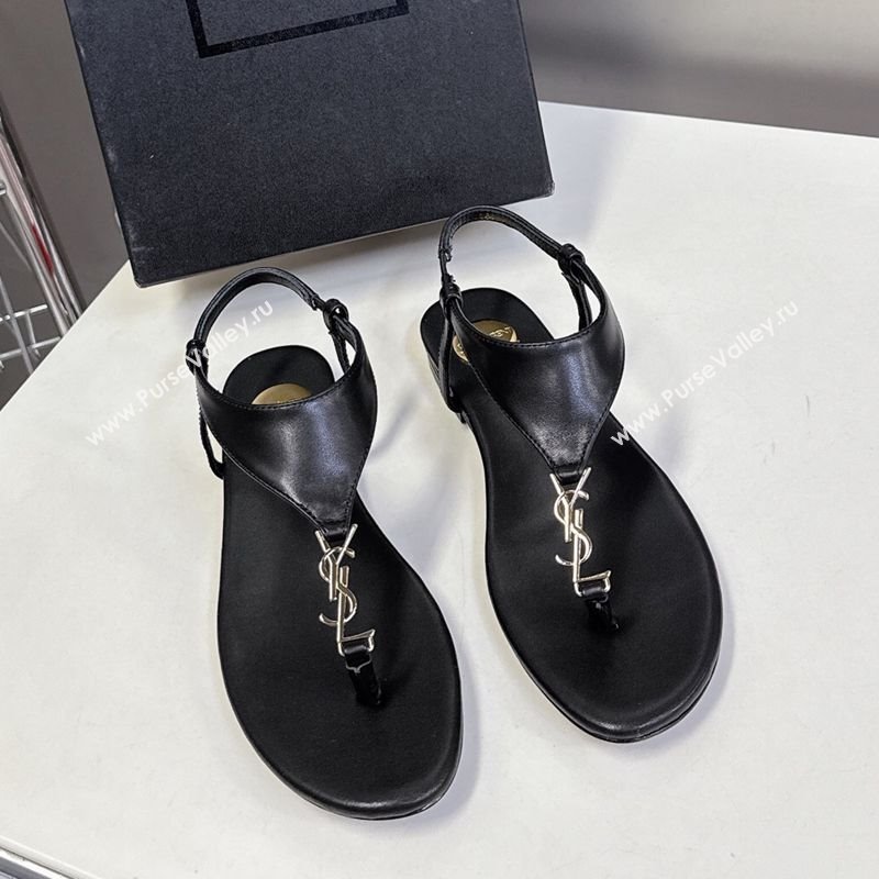 Saint Laurent Cassandre Flat Thong Sandals in Smooth Leather Black 2025 818293 (MD-250424044)