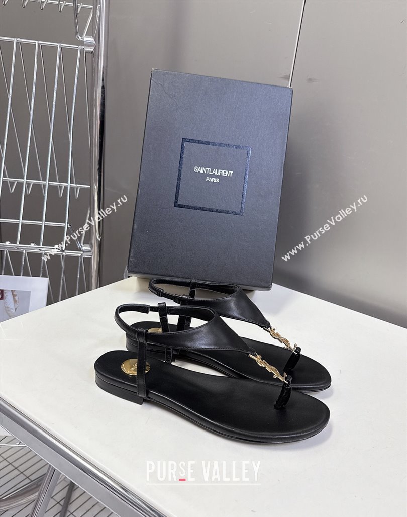 Saint Laurent Cassandre Flat Thong Sandals in Smooth Leather Black 2025 818293 (MD-250424044)