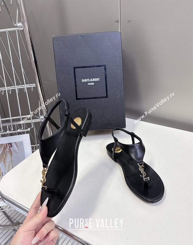 Saint Laurent Cassandre Flat Thong Sandals in Smooth Leather Black 2025 818293 (MD-250424044)