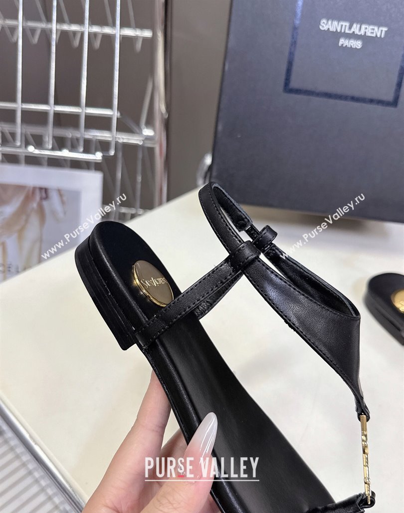 Saint Laurent Cassandre Flat Thong Sandals in Smooth Leather Black 2025 818293 (MD-250424044)