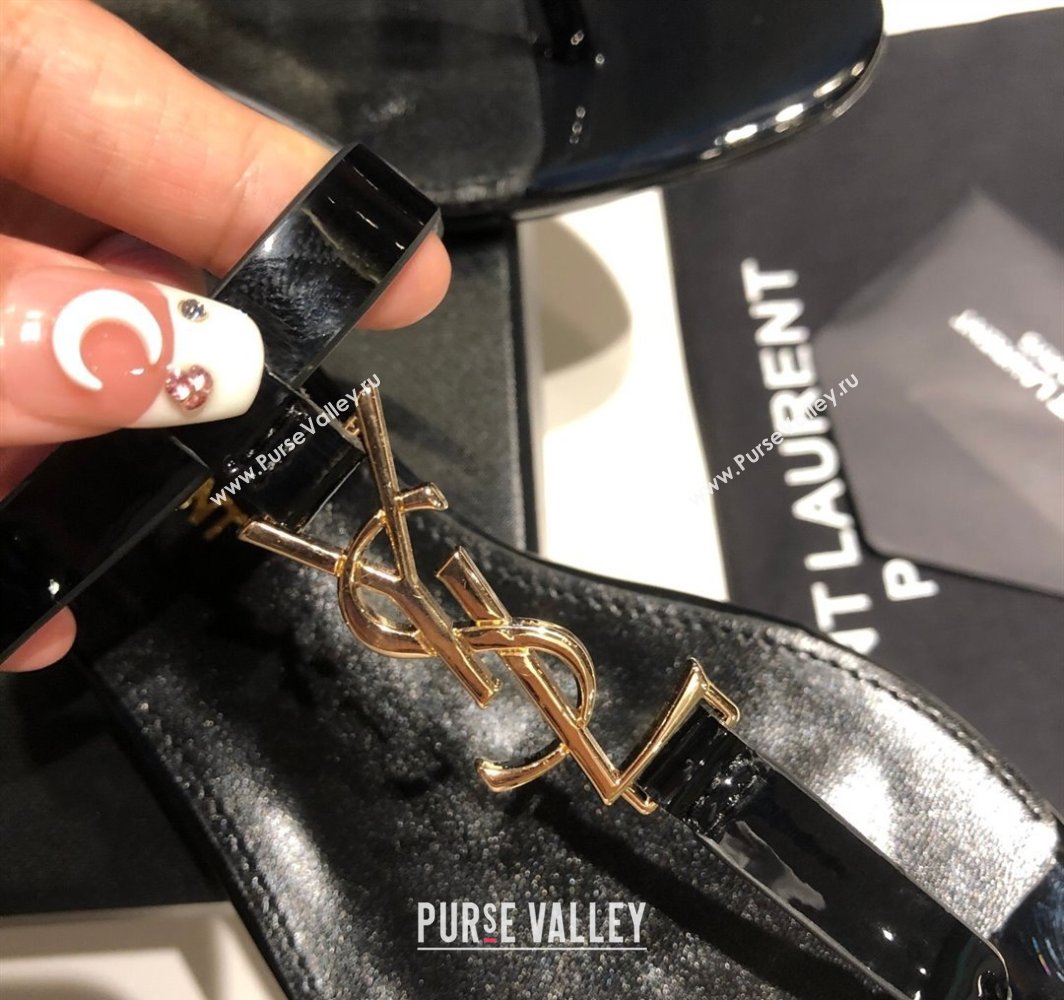 Saint Laurent Cassandra Flat Thong Sandals in Patent Leather Black/Gold 2025 0424 (MD-250424001)