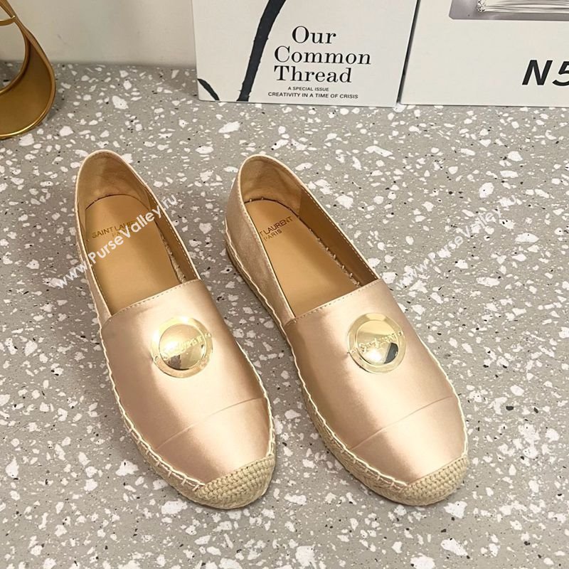 Saint Laurent Satin Espadrilles Flat with Gold-Tone Round Logo Apricot 2025 (JD-250424081)