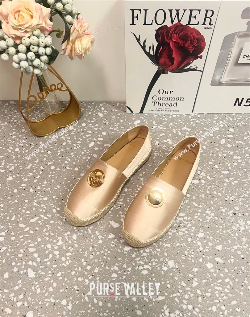 Saint Laurent Satin Espadrilles Flat with Gold-Tone Round Logo Apricot 2025 (JD-250424081)