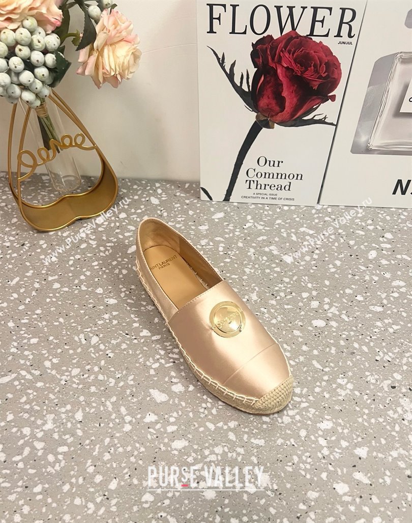 Saint Laurent Satin Espadrilles Flat with Gold-Tone Round Logo Apricot 2025 (JD-250424081)