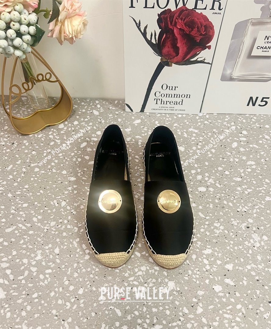 Saint Laurent Satin Espadrilles Flat with Gold-Tone Round Logo Black 2025 (JD-250424082)
