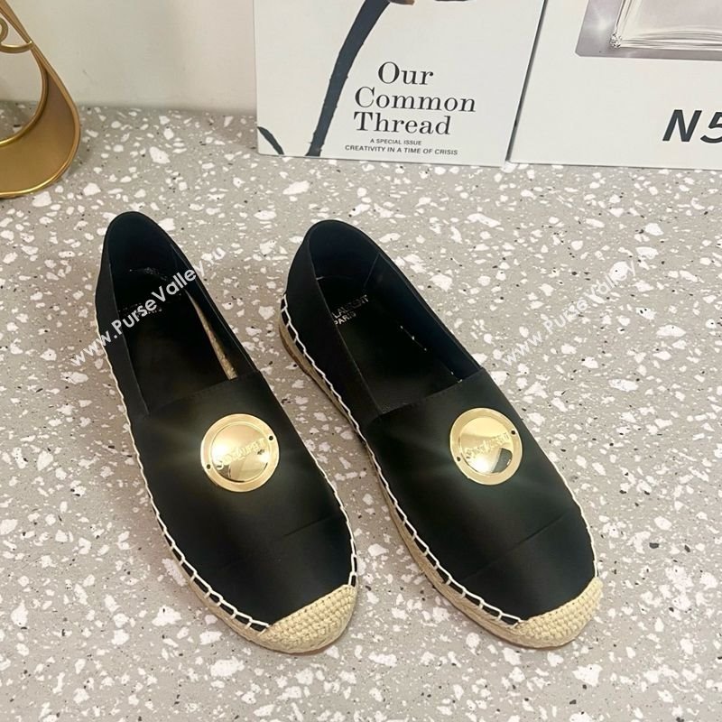 Saint Laurent Satin Espadrilles Flat with Gold-Tone Round Logo Black 2025 (JD-250424082)
