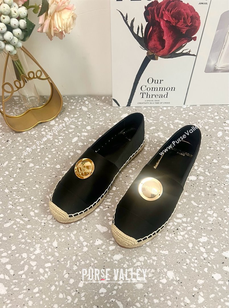 Saint Laurent Satin Espadrilles Flat with Gold-Tone Round Logo Black 2025 (JD-250424082)