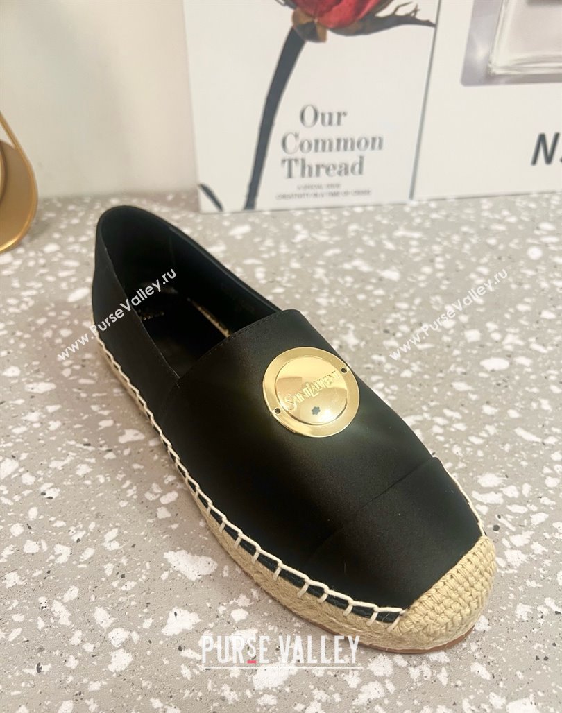 Saint Laurent Satin Espadrilles Flat with Gold-Tone Round Logo Black 2025 (JD-250424082)