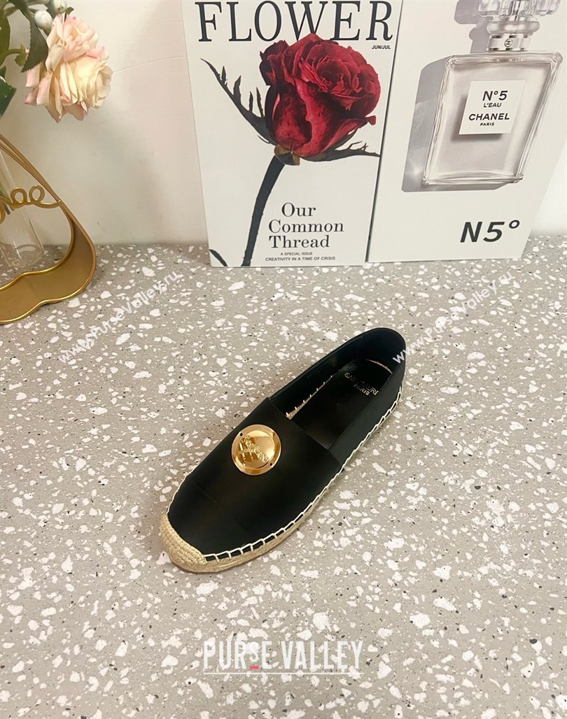 Saint Laurent Satin Espadrilles Flat with Gold-Tone Round Logo Black 2025 (JD-250424082)