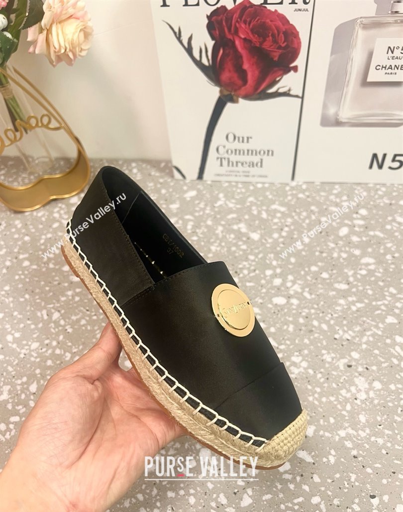 Saint Laurent Satin Espadrilles Flat with Gold-Tone Round Logo Black 2025 (JD-250424082)
