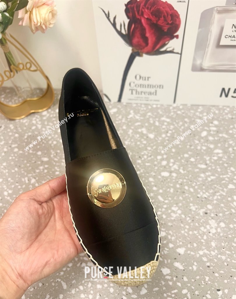 Saint Laurent Satin Espadrilles Flat with Gold-Tone Round Logo Black 2025 (JD-250424082)