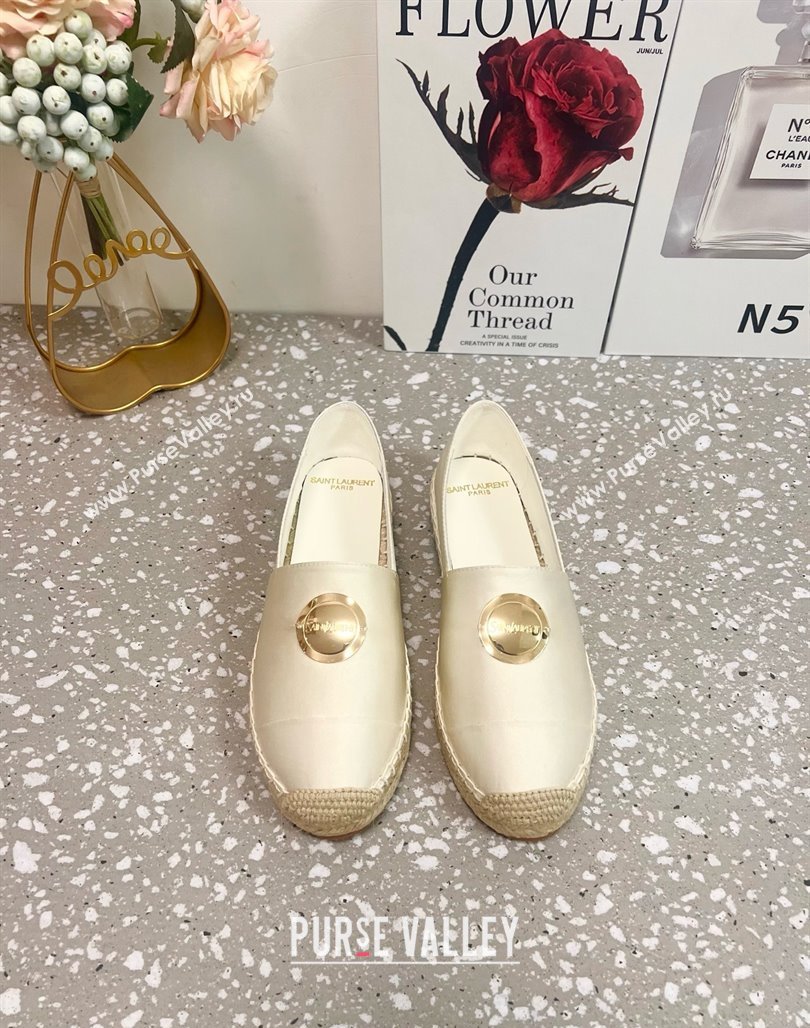 Saint Laurent Satin Espadrilles Flat with Gold-Tone Round Logo White 2025 (JD-250424083)