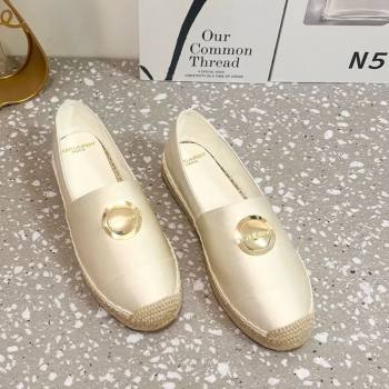 Saint Laurent Satin Espadrilles Flat with Gold-Tone Round Logo White 2025 (JD-250424083)