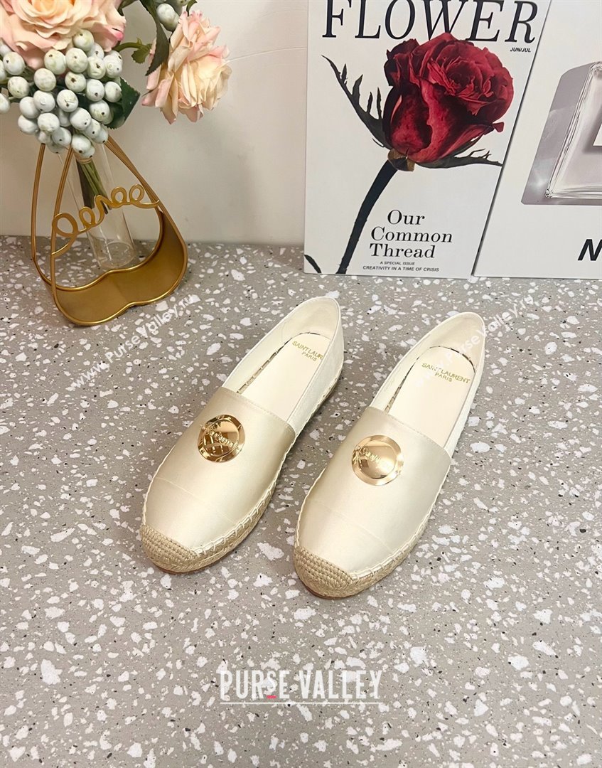Saint Laurent Satin Espadrilles Flat with Gold-Tone Round Logo White 2025 (JD-250424083)