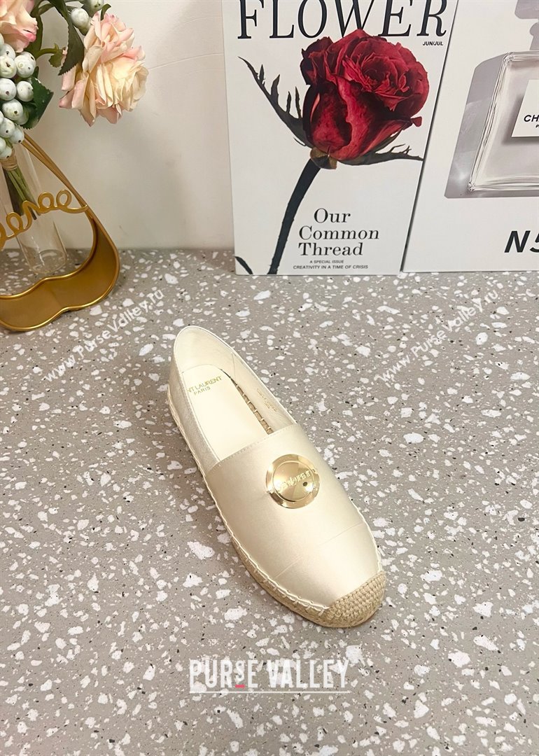 Saint Laurent Satin Espadrilles Flat with Gold-Tone Round Logo White 2025 (JD-250424083)