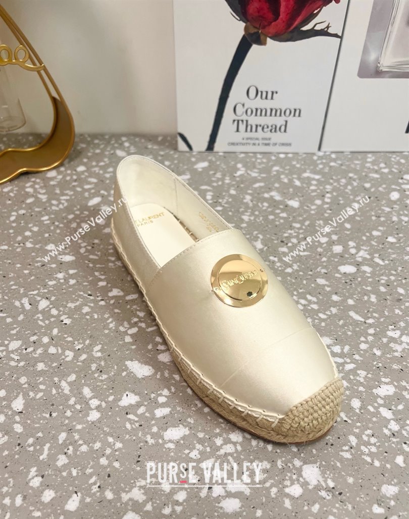 Saint Laurent Satin Espadrilles Flat with Gold-Tone Round Logo White 2025 (JD-250424083)