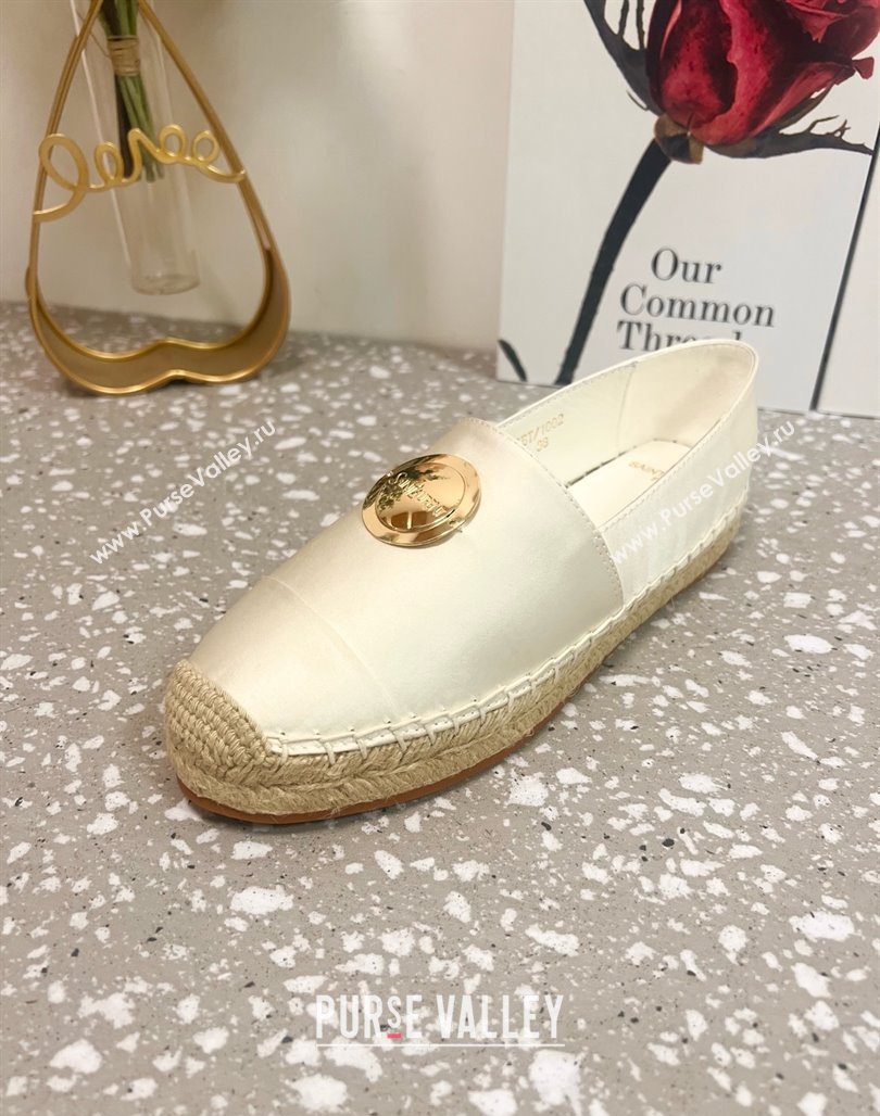 Saint Laurent Satin Espadrilles Flat with Gold-Tone Round Logo White 2025 (JD-250424083)