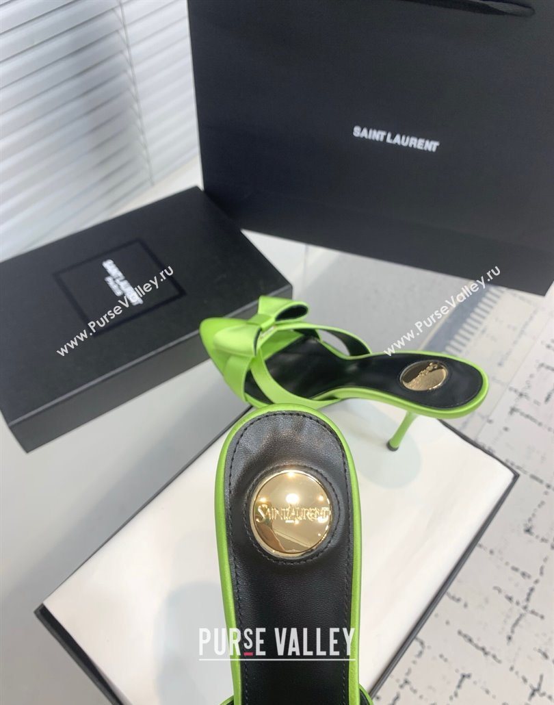 Saint Laurent Silk High Heel Slides Sandal 10.5cm with Bow Green 2025 YSL060402 (KER-250604082)