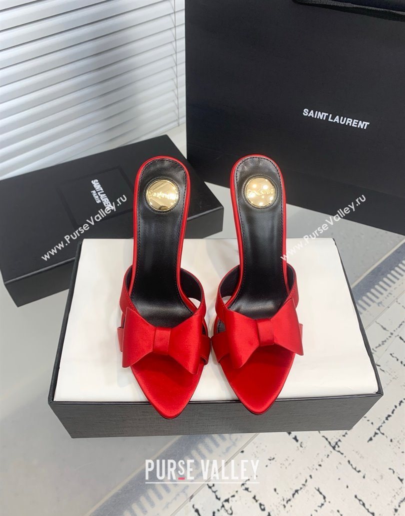 Saint Laurent Silk High Heel Slides Sandal 10.5cm with Bow Red 2025 YSL060402 (KER-250604083)