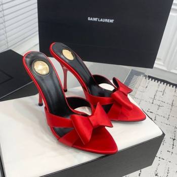 Saint Laurent Silk High Heel Slides Sandal 10.5cm with Bow Red 2025 YSL060402 (KER-250604083)