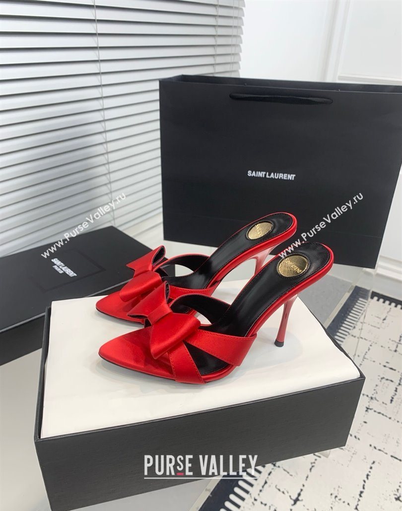 Saint Laurent Silk High Heel Slides Sandal 10.5cm with Bow Red 2025 YSL060402 (KER-250604083)