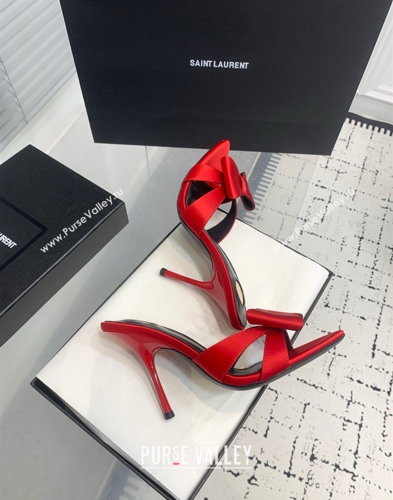 Saint Laurent Silk High Heel Slides Sandal 10.5cm with Bow Red 2025 YSL060402 (KER-250604083)