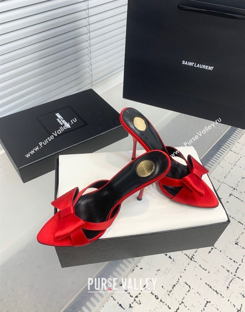 Saint Laurent Silk High Heel Slides Sandal 10.5cm with Bow Red 2025 YSL060402 (KER-250604083)