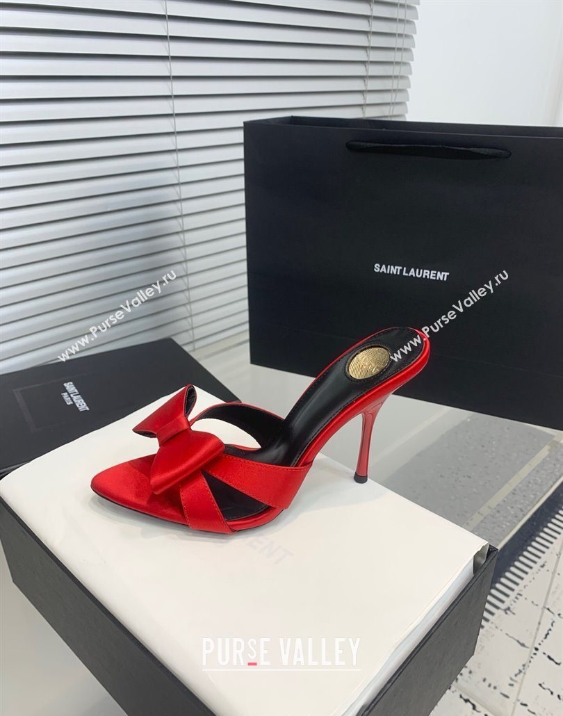Saint Laurent Silk High Heel Slides Sandal 10.5cm with Bow Red 2025 YSL060402 (KER-250604083)