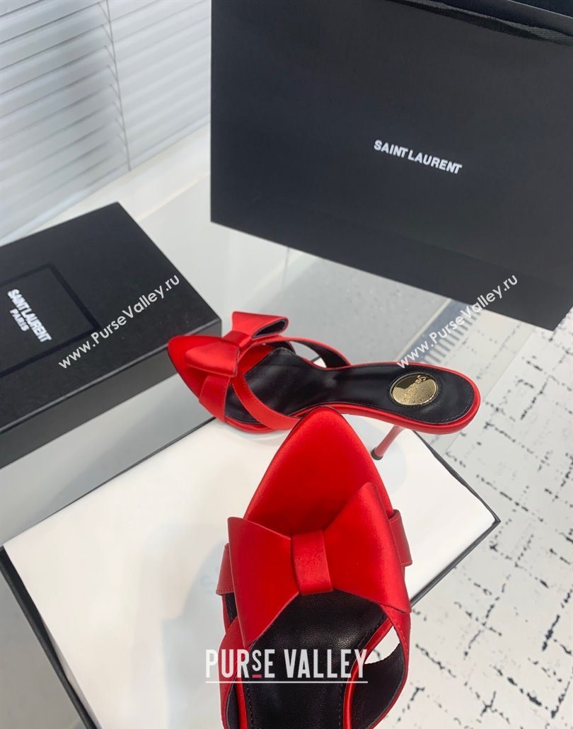 Saint Laurent Silk High Heel Slides Sandal 10.5cm with Bow Red 2025 YSL060402 (KER-250604083)
