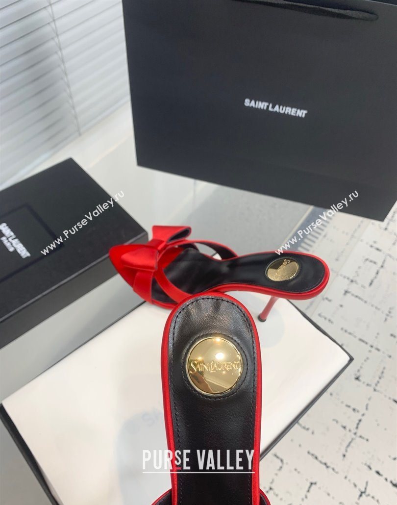 Saint Laurent Silk High Heel Slides Sandal 10.5cm with Bow Red 2025 YSL060402 (KER-250604083)