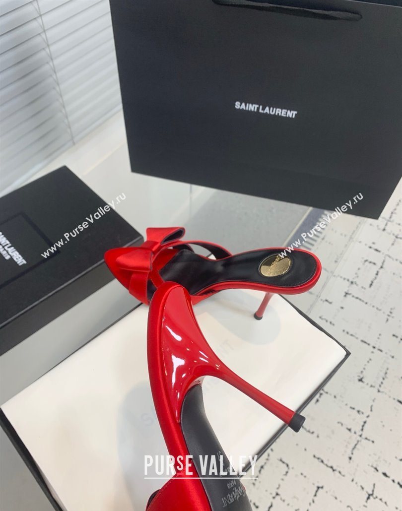 Saint Laurent Silk High Heel Slides Sandal 10.5cm with Bow Red 2025 YSL060402 (KER-250604083)