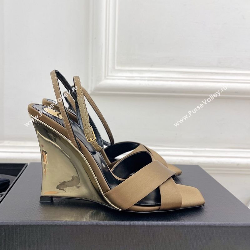 Saint Laurent Lucienne Silk Wedge Sandals 10.5cm Khaki 2025 8302879 (KER-250604085)