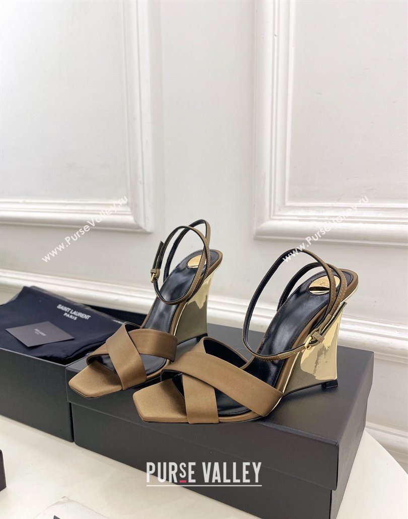 Saint Laurent Lucienne Silk Wedge Sandals 10.5cm Khaki 2025 8302879 (KER-250604085)