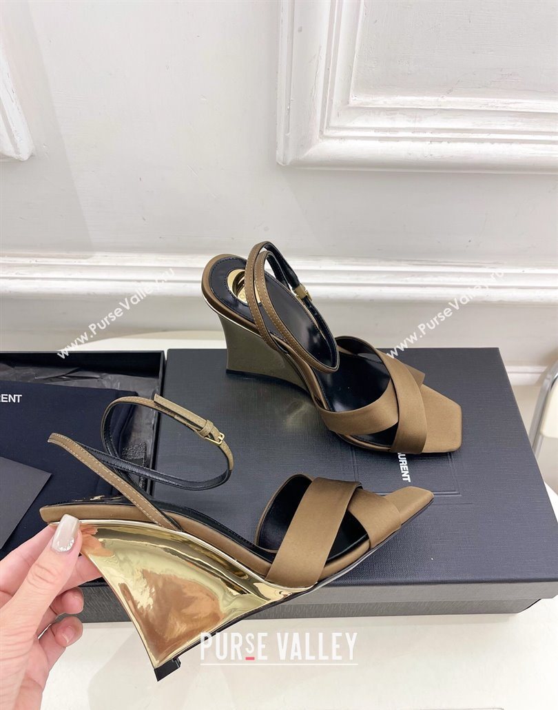 Saint Laurent Lucienne Silk Wedge Sandals 10.5cm Khaki 2025 8302879 (KER-250604085)